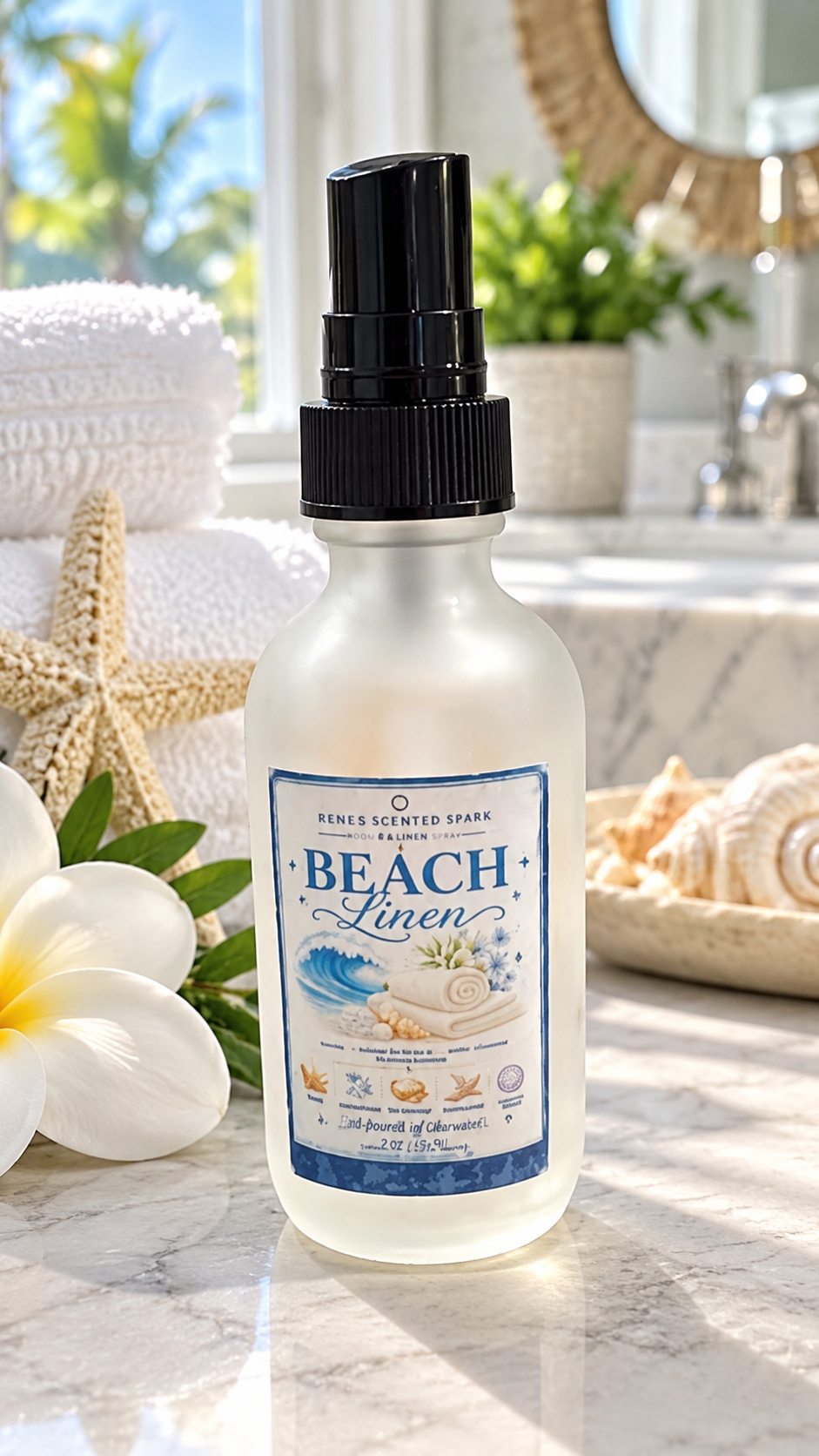 A bottle of Beach Linen scent by Renegade Islands Beach Club, featuring a frosted glass bottle with a black spray cap, set on a marble countertop with tropical beach-themed props like a white flower, starfish, and seashells.
Details