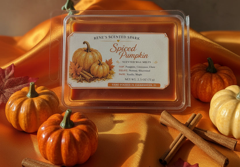 Spiced Pumpkin 2.5 oz scented wax melts displayed on orange satin with miniature fall pumpkins, cinnamon sticks and autumn leaves.