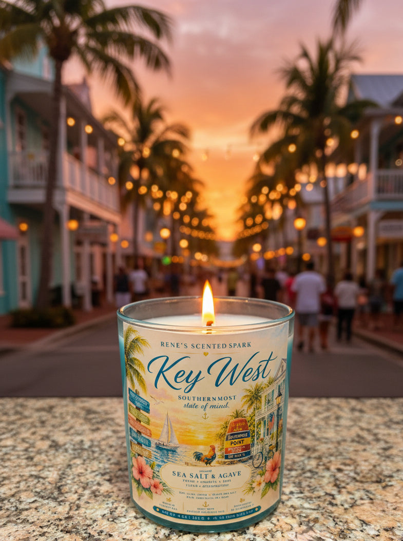 Candle labeled 'Key West' on a street with palm trees and sunset in the background