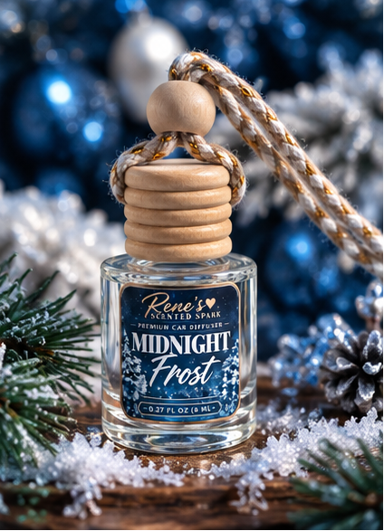 Midnight Frost car freshener by Rene’s Scented Spark displayed with frosted pine, icy snow accents, pinecones, and blue winter ornaments. ❄️💙🌲