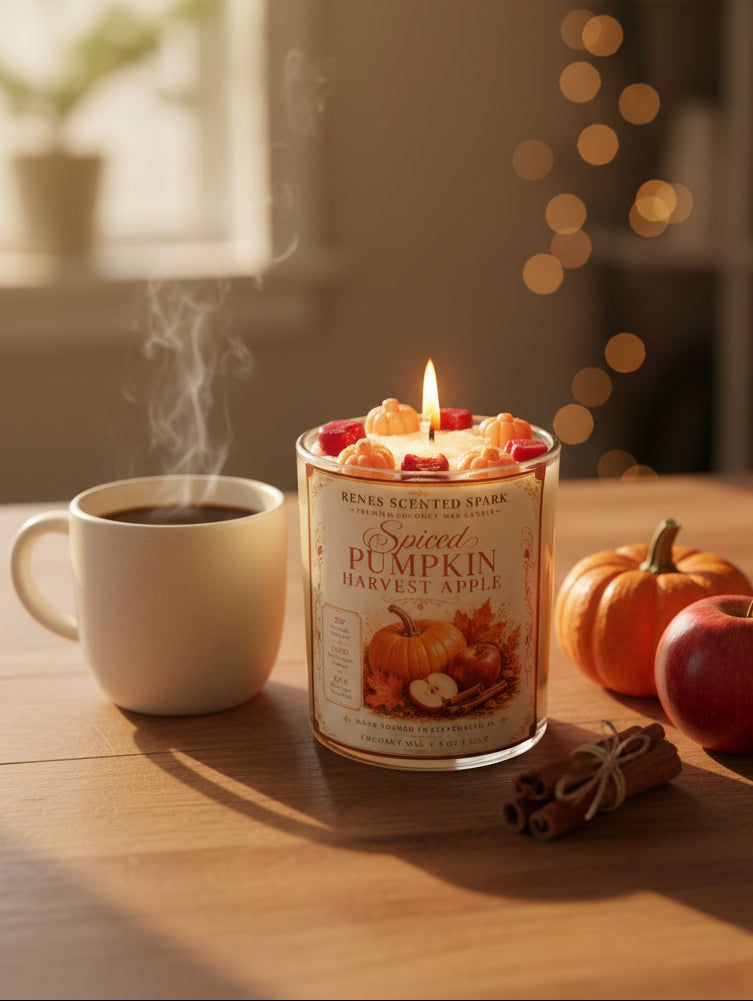 Spiced Pumpkin Harvest Apple coconut wax candle burning beside a steaming mug, red apple, mini pumpkin, and cinnamon sticks in a warm autumn setting.