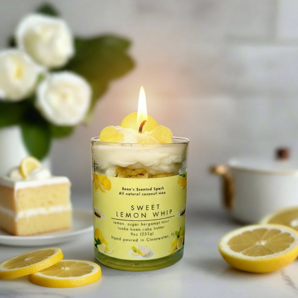 Sweet Lemon Whip candle glowing on a kitchen counter beside lemon slices and a slice of cake