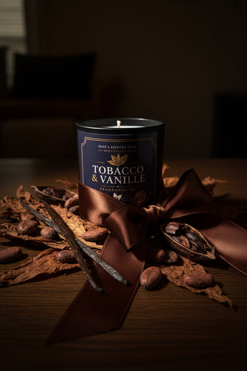 Candle with 'Tobacco & Vanille' packaging on a wooden surface with dried leaves and a brown ribbon.