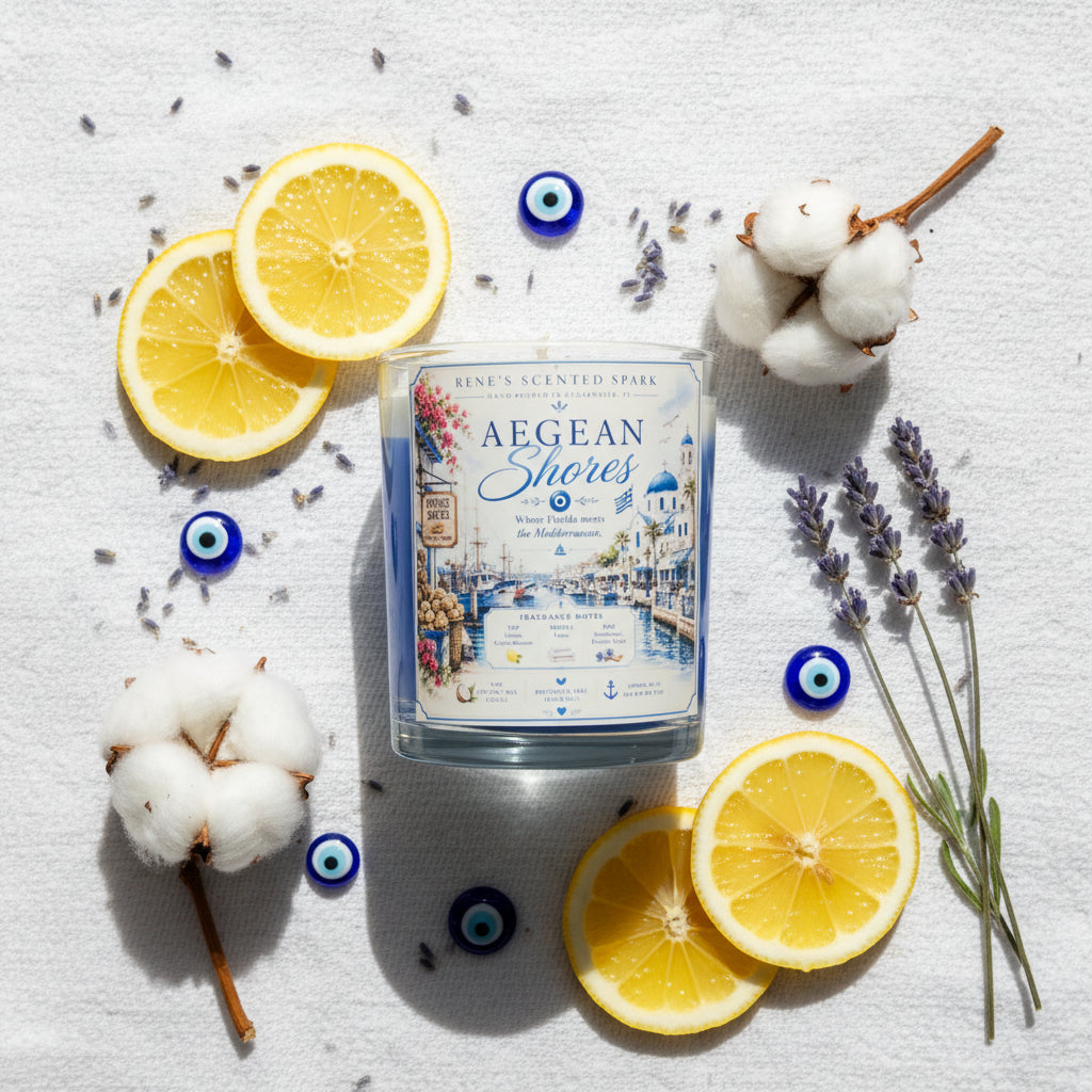 Aegean Shores candle in a flat lay with fresh lemons cotton blossoms and lavender on a bright white surface