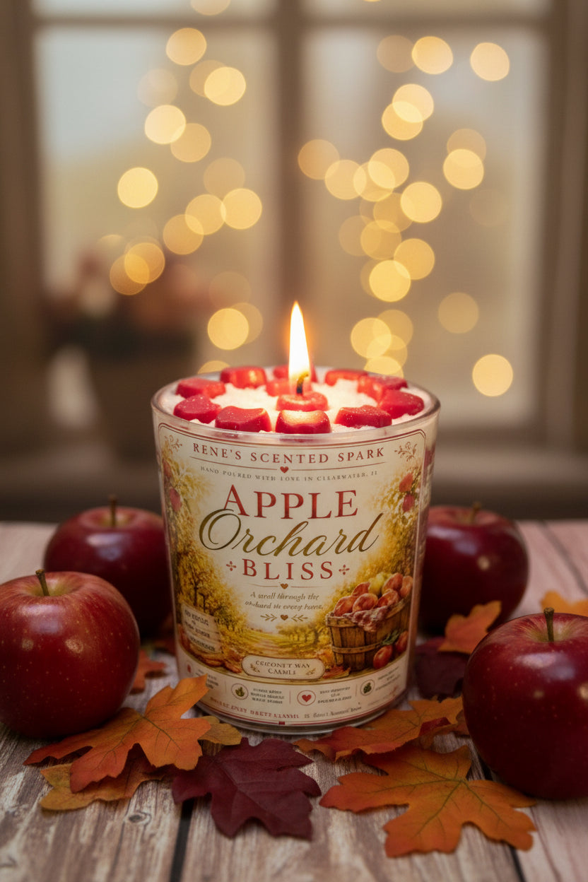 Candle labeled 'Apple Orchard Bliss' with apples and leaves on a wooden surface, blurred lights in the background