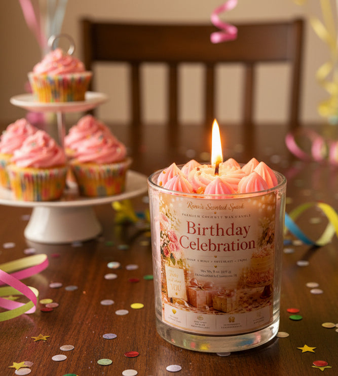 Birthday Celebration candle with pink whipped wax topping beside a decorated birthday cake on a festive dessert table.