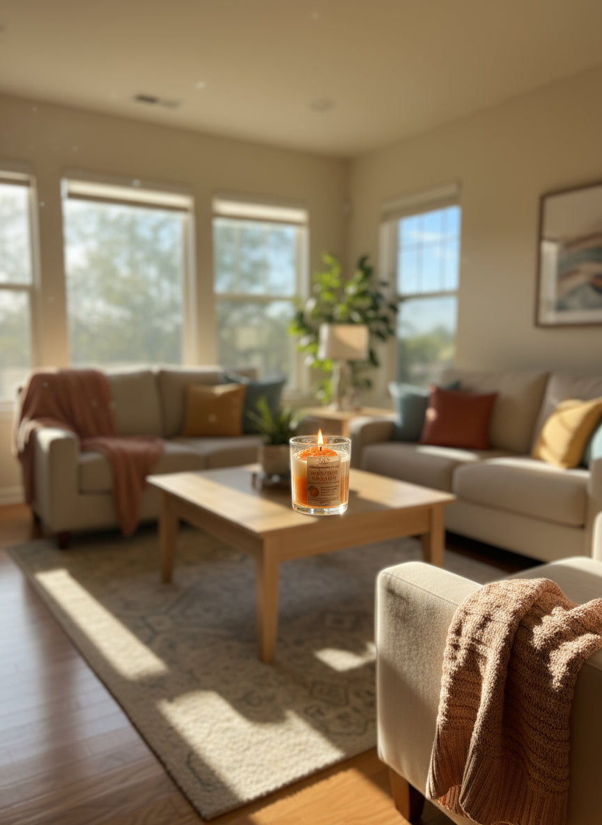Candle labeled 'Dunedin Orange' by Rene's Scented Spark on a white block with a purple background