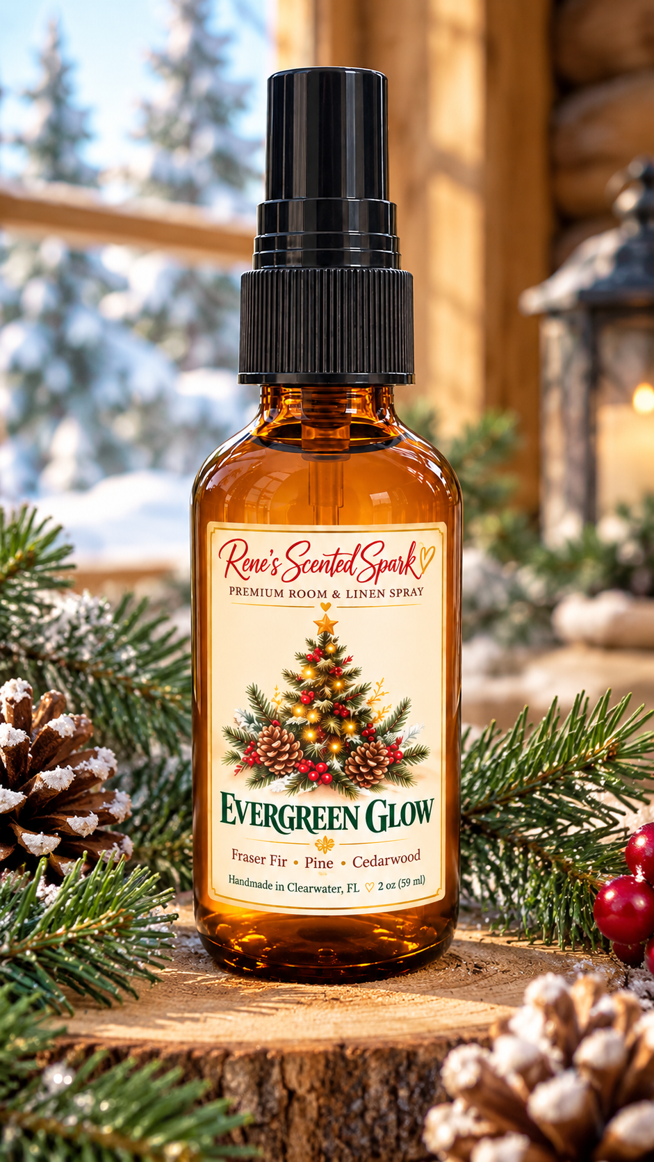 Evergreen Glow 2 oz Christmas room spray on a rustic wood slice with pinecones and evergreen branches, handmade in Clearwater FL