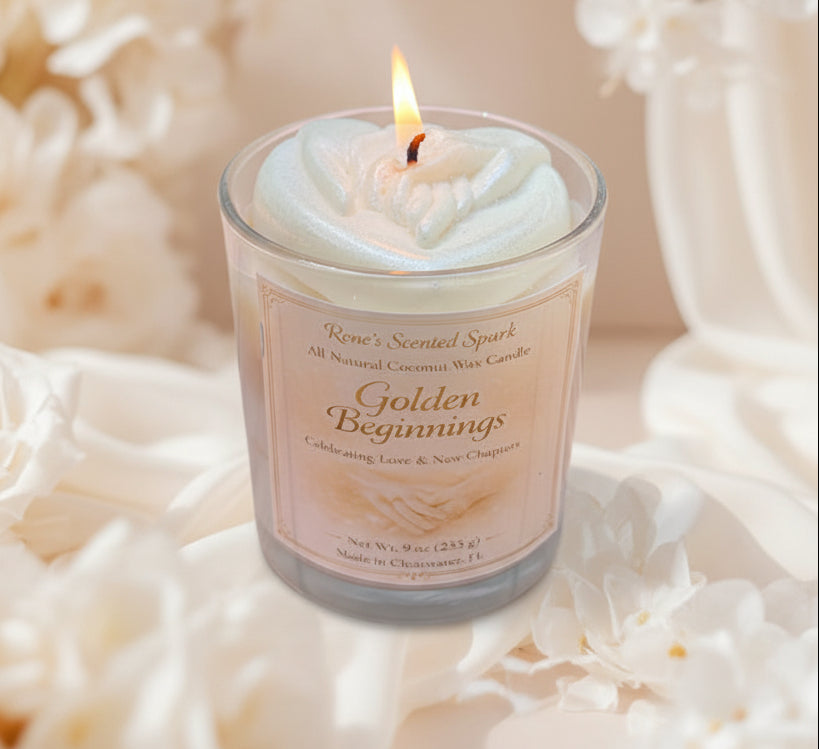 Candle labeled 'Golden Beginnings' on a soft, beige background