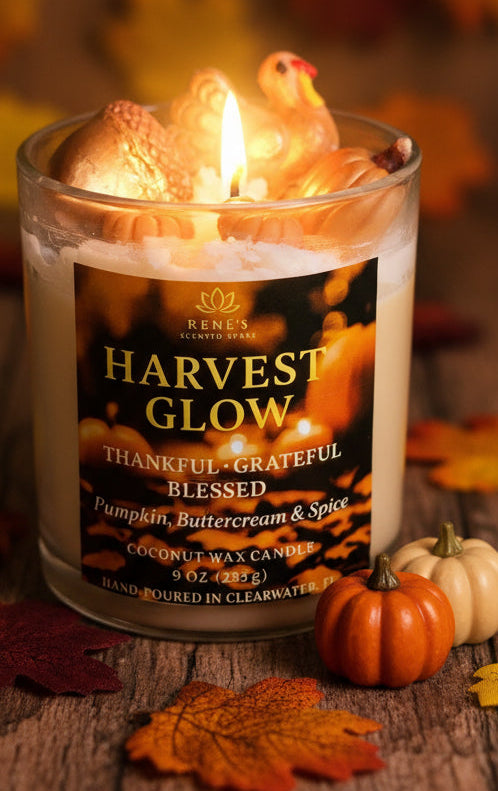 Harvest-themed candle labeled 'Harvest Glow' with decorative pumpkins on a wooden surface.