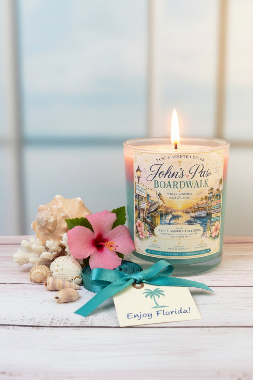 John's Pass Boardwalk | Black Amber & Lavender | Florida Coastal Candle | 9 oz Coconut Wax Candle | Madeira Beach Souvenir