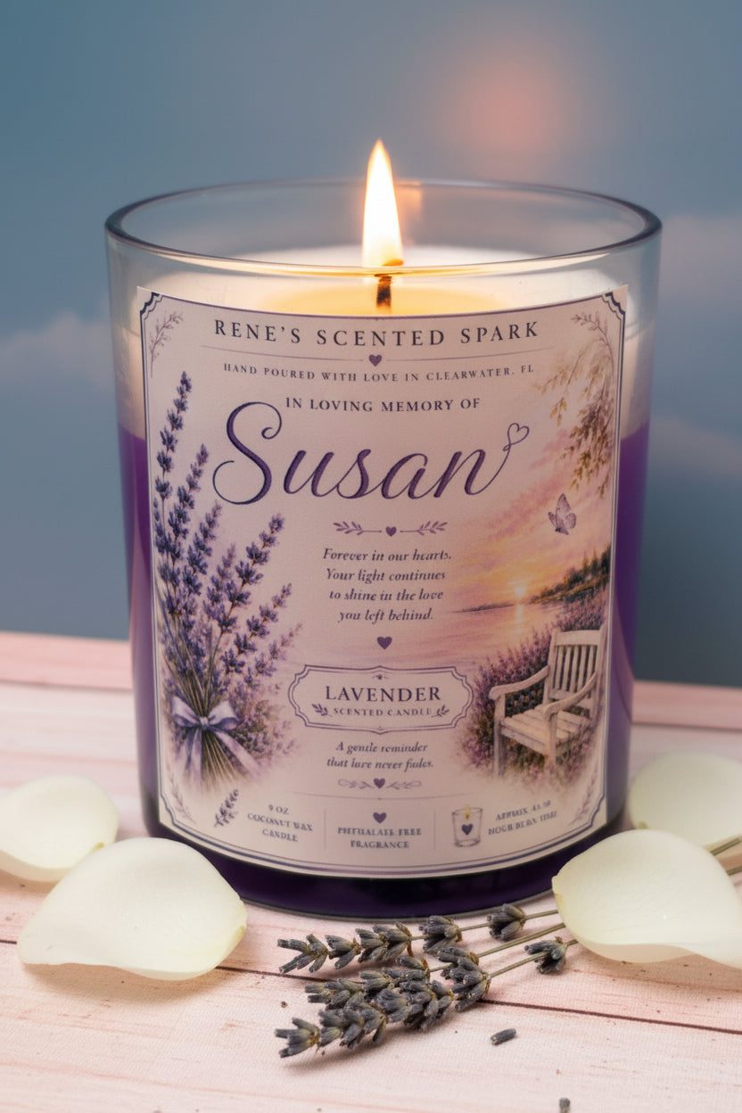 Forever in Our Hearts memorial candle flat lay with white rose petals and butterfly