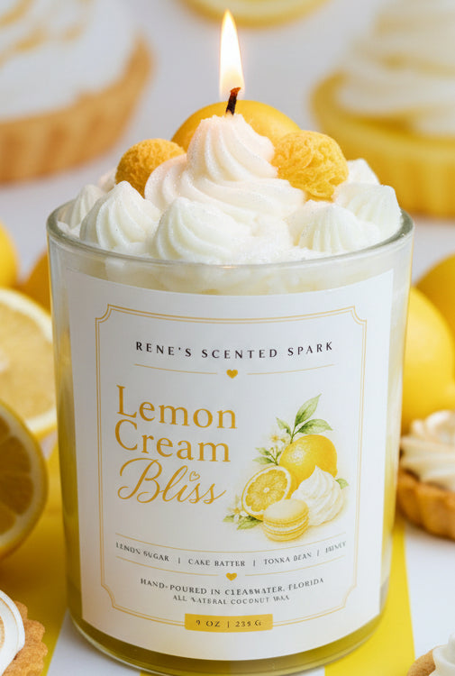 Lemon dessert candle with whipped wax topping, citrus scent, coconut wax candle handmade by Rene’s Scented Spark