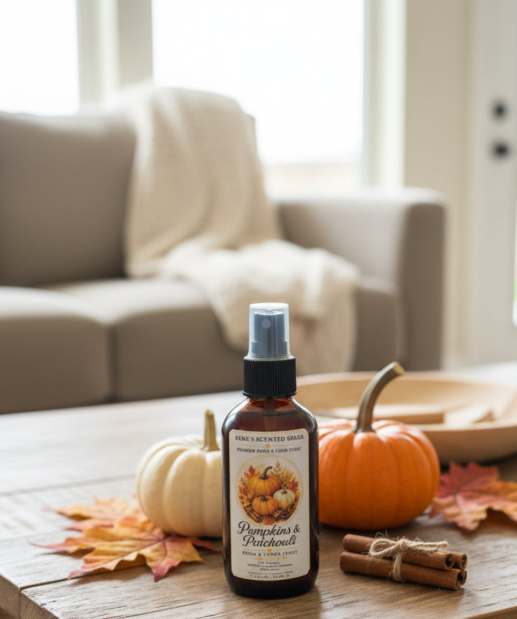 Pumpkins & Patchouli room spray by Rene’s Scented Spark in an amber spray bottle, styled with orange and white pumpkins, cinnamon sticks, and autumn leaves on a wooden table in a cozy living room.