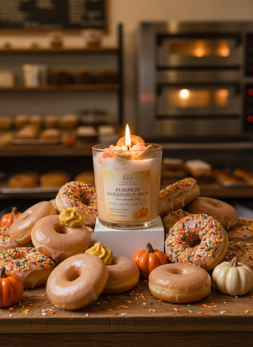 Candle in a glass jar labeled 'Pumpkin Doughnut Shop' by Rene's Scented Spark on a light purple background.