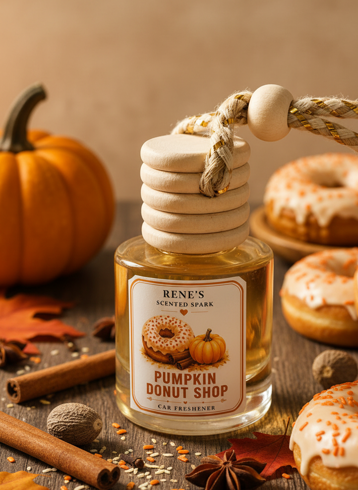Pumpkin Donut Shop hanging car freshener by Renes Scented Spark styled with glazed donuts, pumpkin, cinnamon sticks and warm autumn spices.