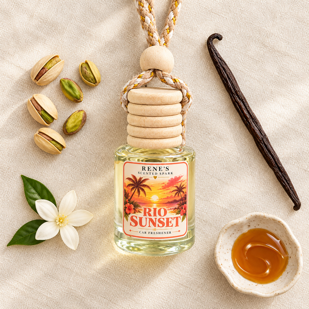 Rio Sunset caramel pistachio car freshener on cream linen with pistachios, vanilla bean and jasmine