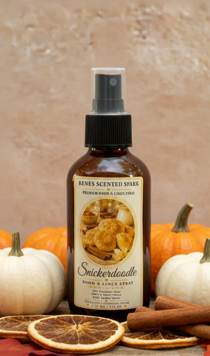 Snickerdoodle room and linen spray by Rene’s Scented Spark in an amber spray bottle, styled with orange and white pumpkins, cinnamon sticks, and dried orange slices in a warm autumn setting.