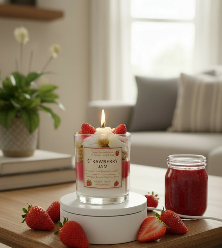 Strawberry jam candle on a wooden surface with strawberries and a jar of strawberry jam.