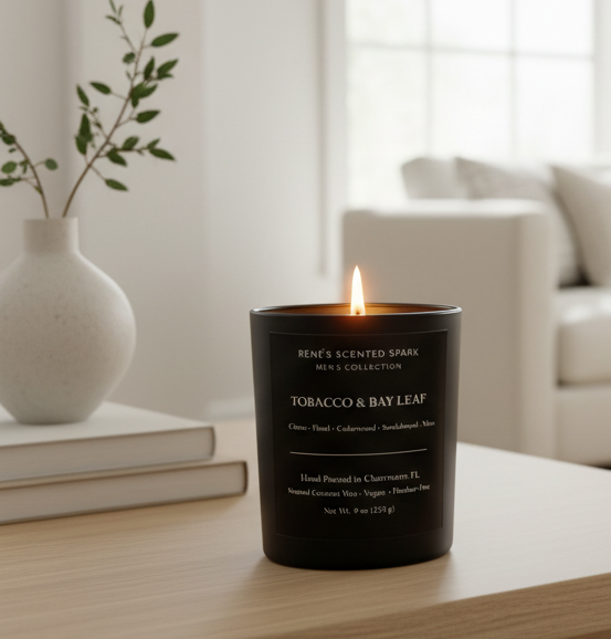 Black candle on a wooden table in a living room with a white sofa and plants.