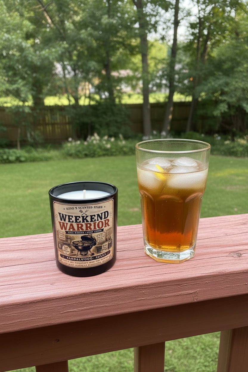 Candle labeled 'Weekend Warrior' on a table with food and string lights in the background