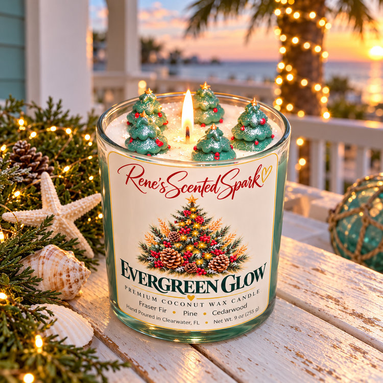 Evergreen Glow Christmas candle on a coastal Florida porch with starfish and holiday lights at sunset