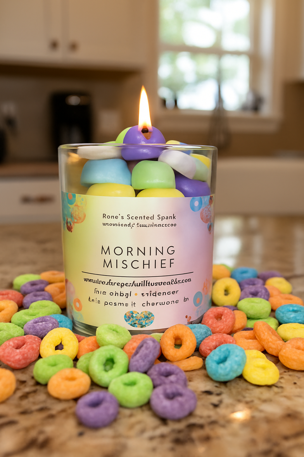 Morning Mischief coconut wax candle with colorful cereal-inspired wax pieces next to a bowl of fruit loops, evoking cheerful Saturday mornings.