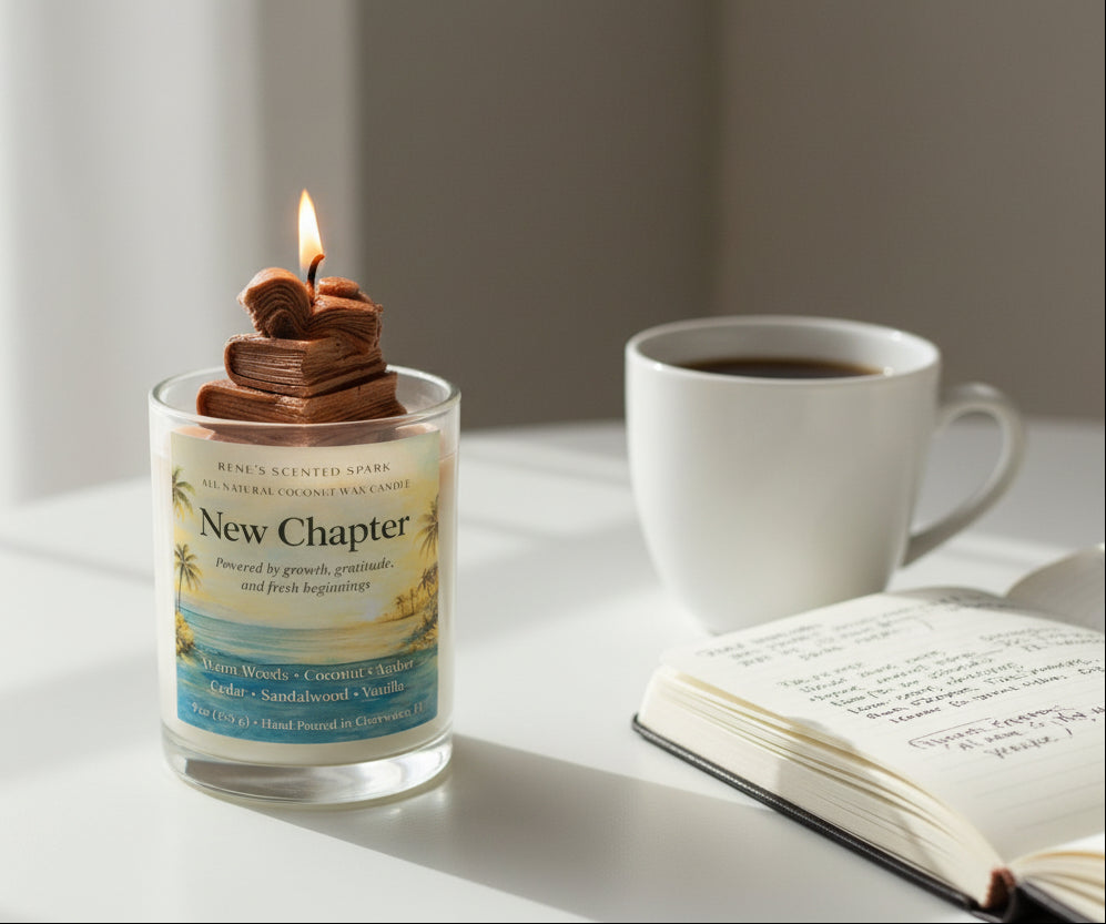 Lit New Chapter candle on a sunlit table next to a coffee cup and open journal in a calm morning setting.
