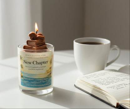 Lit New Chapter candle on a sunlit table next to a coffee cup and open journal in a calm morning setting.
