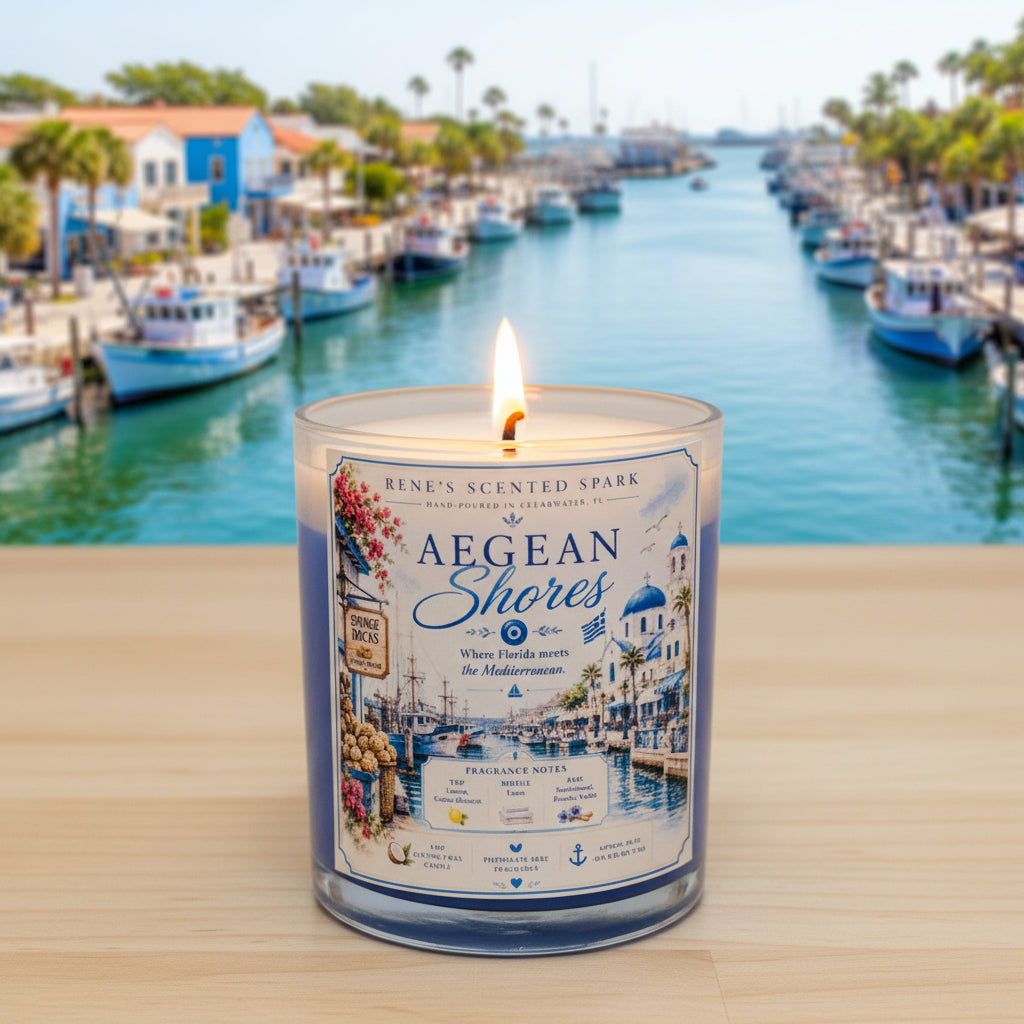 Lit Aegean Shores coconut wax candle by Rene's Scented Spark displayed in front of a scenic waterfront marina with boats, featuring Mediterranean-inspired artwork in a clear glass jar.