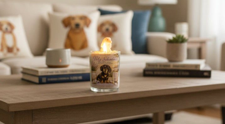 Candle on a coffee table with a cozy living room background