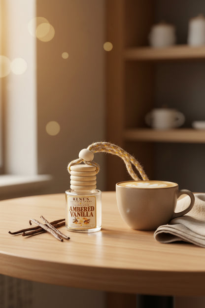 Ambered Vanilla car freshener by Rene’s Scented Spark displayed beside a creamy latte and vanilla beans on a wooden table in a warm, cozy café setting.