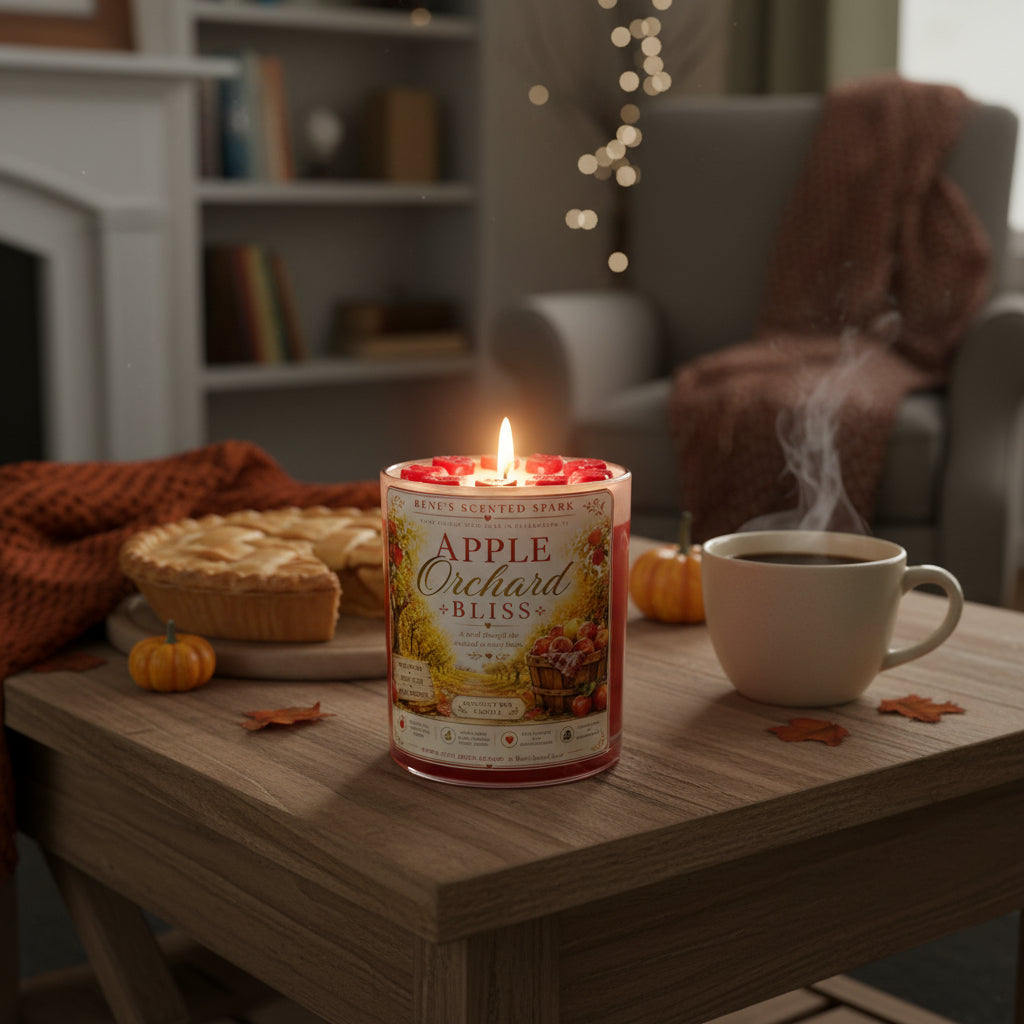Lit Apple Orchard Bliss coconut wax candle by Rene's Scented Spark with an apple wax topper, displayed beside fresh apple pie, a steaming cup of coffee, and mini pumpkins on a cozy autumn coffee table.by Rene's Scented Spark with an apple wax topper, displayed beside fresh apple pie, a steaming cup of coffee, and mini pumpkins on a cozy autumn coffee table.