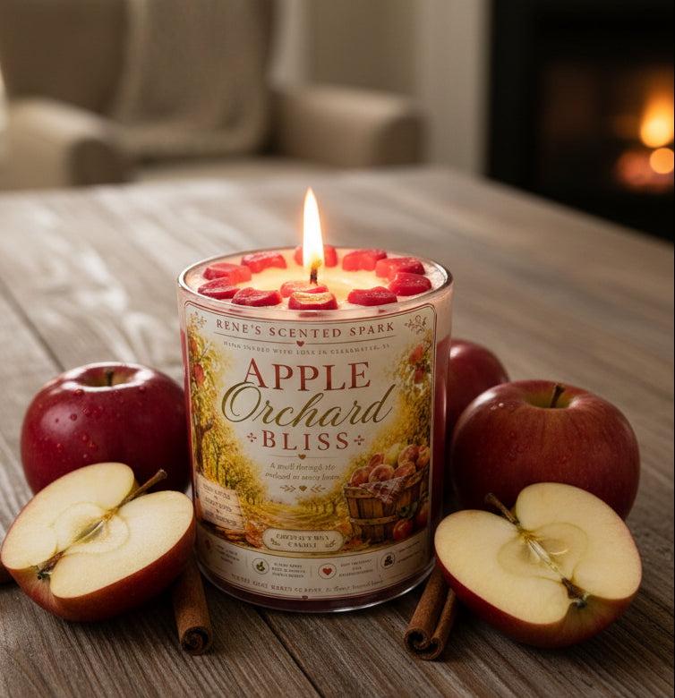 Lit Apple Orchard Bliss coconut wax candle by Rene's Scented Spark with an apple wax topper, displayed beside fresh red apples, sliced apples, and cinnamon sticks on a rustic table with a cozy fireplace in the background.