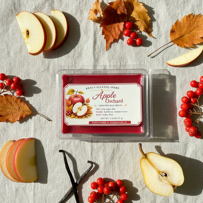 Apple Orchard 2.5 oz scented wax melts in a fall flat lay surrounded by sliced apples, pear, red berries, vanilla beans and colorful autumn leaves.