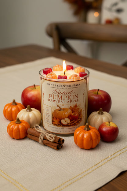 Spiced Pumpkin Harvest Apple coconut wax candle burning on a fall table with red apples, mini orange and cream pumpkins, and bundled cinnamon sticks.