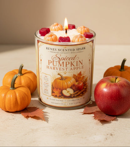 Spiced Pumpkin Harvest Apple coconut wax candle with orange pumpkin and red apple wax toppers, styled with fresh apples, mini pumpkins, and autumn leaves.