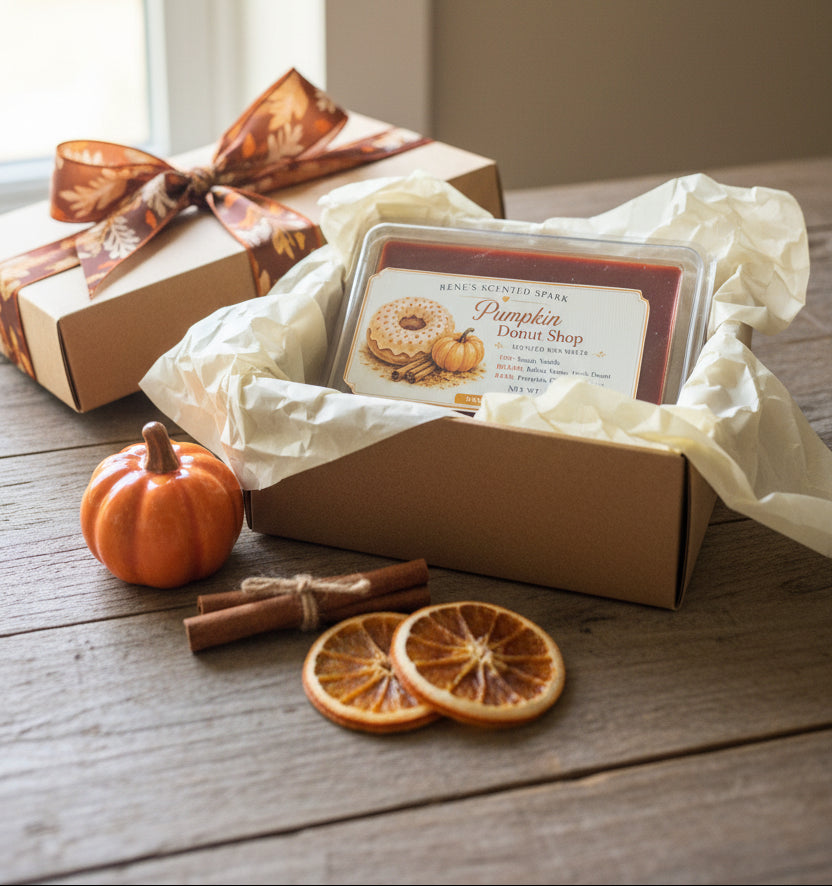 Pumpkin Donut Shop scented wax melts nestled in a kraft gift box with tissue paper, pumpkin, cinnamon sticks and dried orange slices.