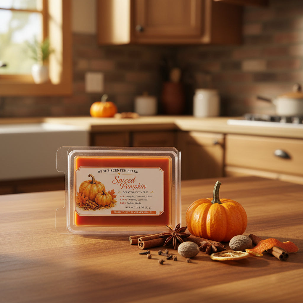 Spiced Pumpkin scented wax melts displayed on a warm kitchen counter with pumpkin, cinnamon, nutmeg, cloves and autumn spices