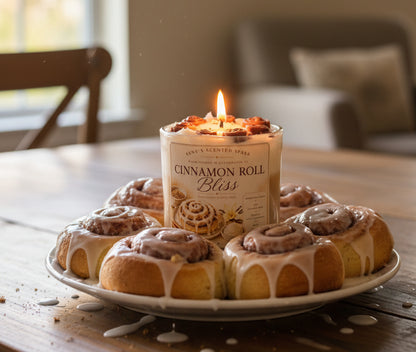 Candle labeled 'Cinnamon Roll Bliss' with cinnamon roll design on a pink background
