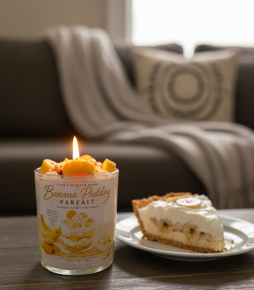 Banana pudding candle with a slice of banana pudding on a plate in a living room setting.
