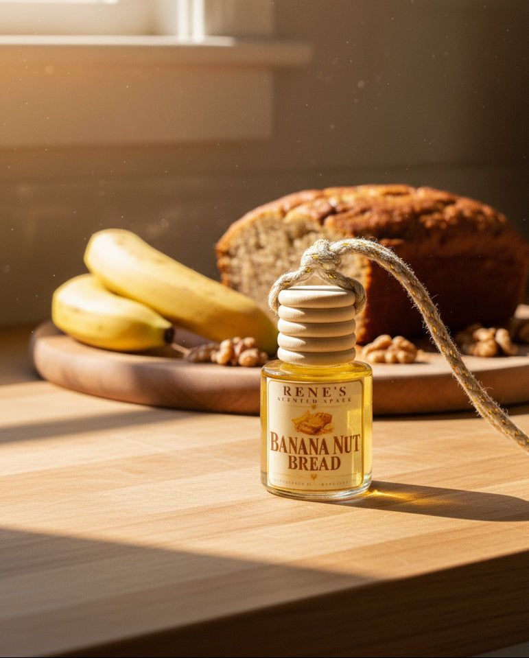 Banana Nut Bread hanging car air freshener by Rene’s Scented Spark displayed on a sunlit kitchen counter with fresh banana bread, ripe bananas, and walnuts in the background. 🍌🍞