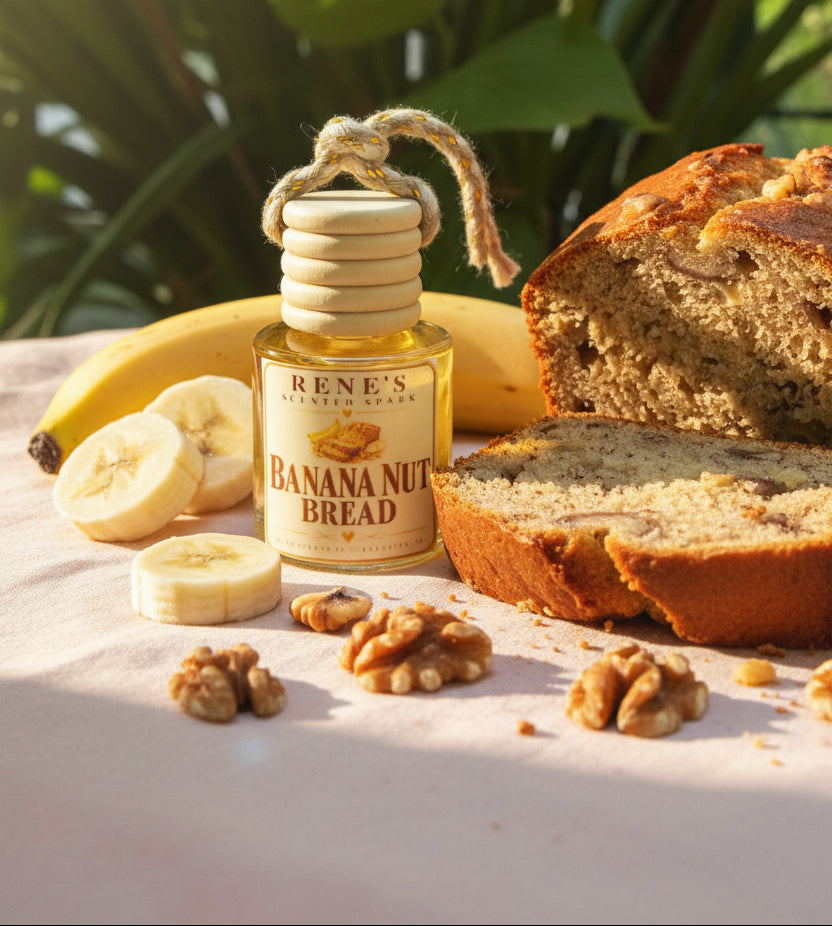 Banana Nut Bread hanging car air freshener by Rene’s Scented Spark displayed with fresh banana bread, sliced bananas, and walnuts in warm natural sunlight. 🍌🤎🤎