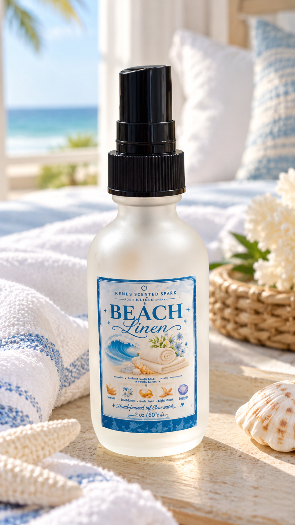 A bottle of Refreshing Spas Beach Linen room spray by Refreshing Spas, styled on a wooden table with a beach-themed background featuring towels, seashells, and a blurred ocean view.