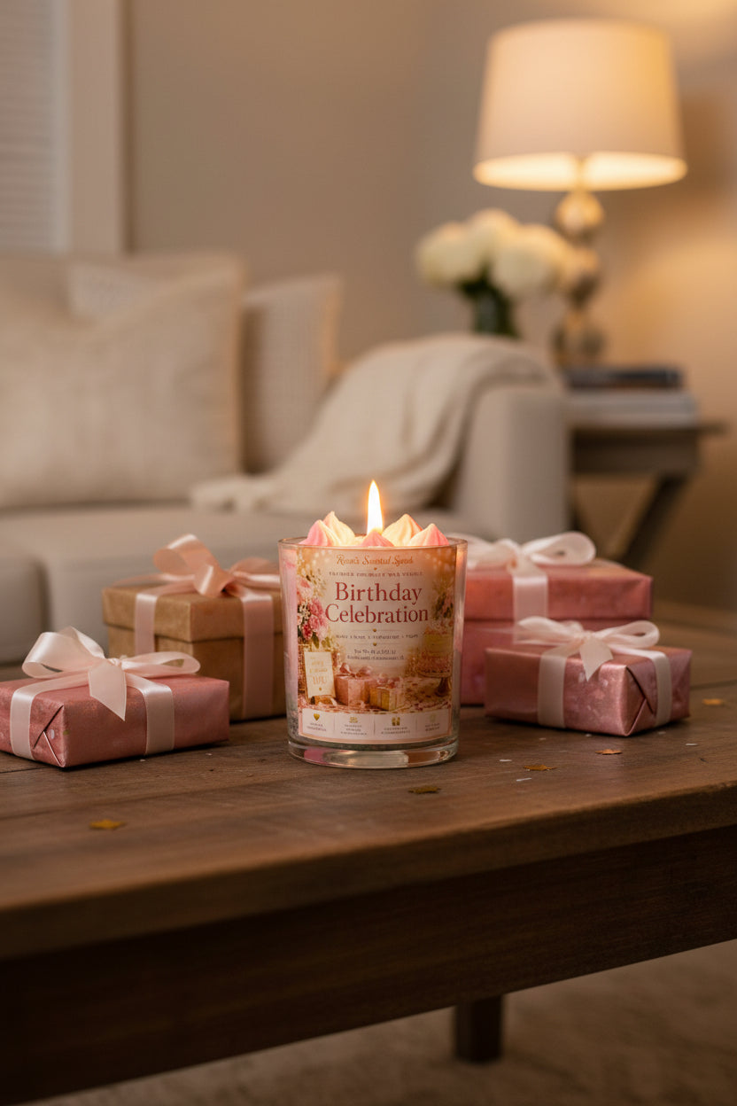 Birthday Celebration candle displayed with wrapped gifts and warm ambient lighting, creating a cozy birthday gift scene.