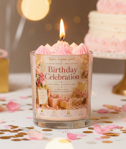 Hand-poured Birthday Celebration candle with pink whipped wax topping, birthday cake backdrop, and festive confetti on a celebration table.