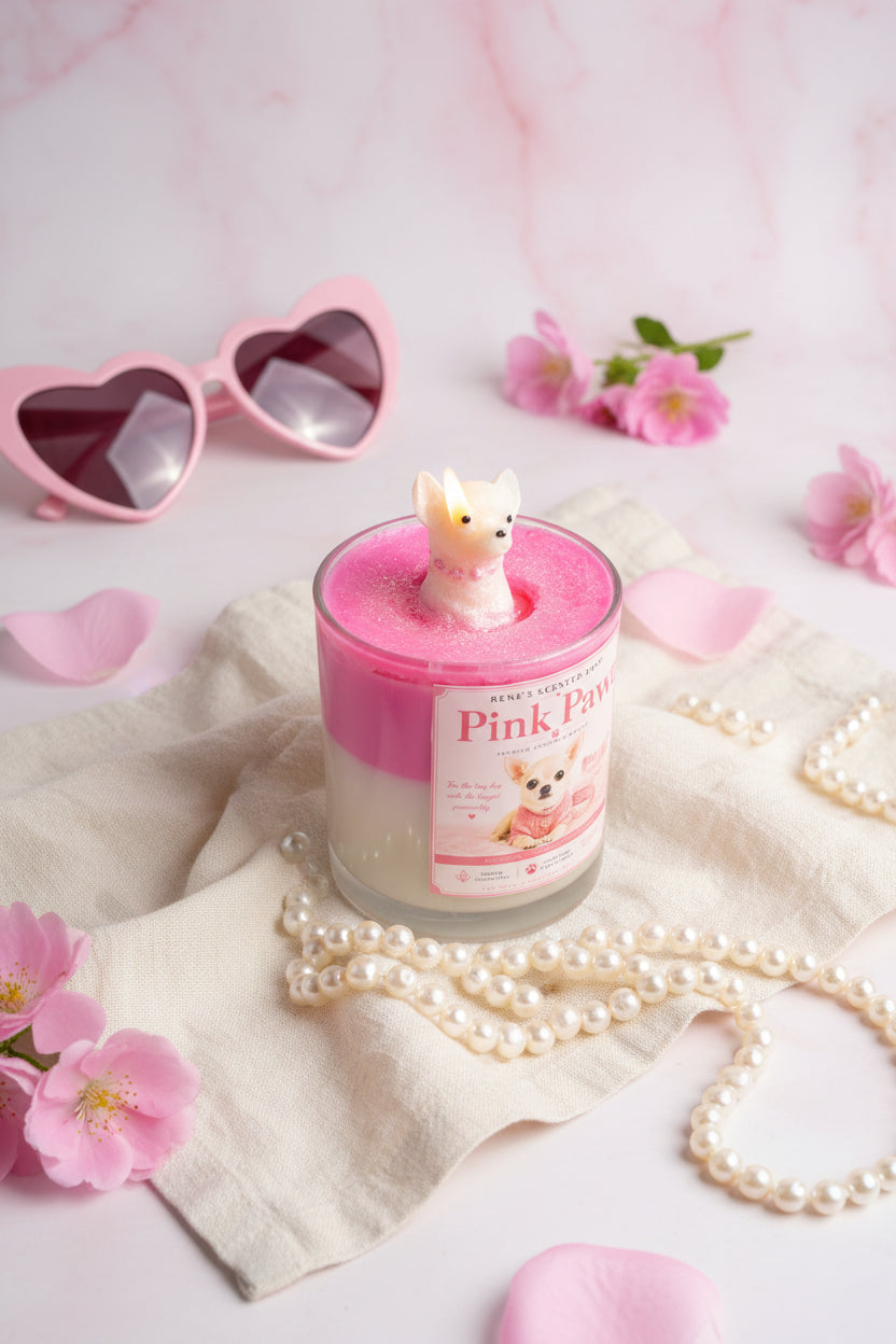 Pink Paws candle with cream Chihuahua wax topper on pink glitter wax surrounded by pink roses and pearl necklace on white