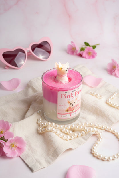 Pink Paws candle with cream Chihuahua wax topper on pink glitter wax surrounded by pink roses and pearl necklace on white