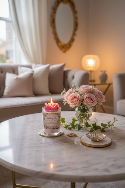 Lit Blushing Ivy coconut wax candle by Rene's Scented Spark with a pink rose wax topper, displayed beside a bouquet of blush roses and ivy on a marble coffee table in an elegant living room.
