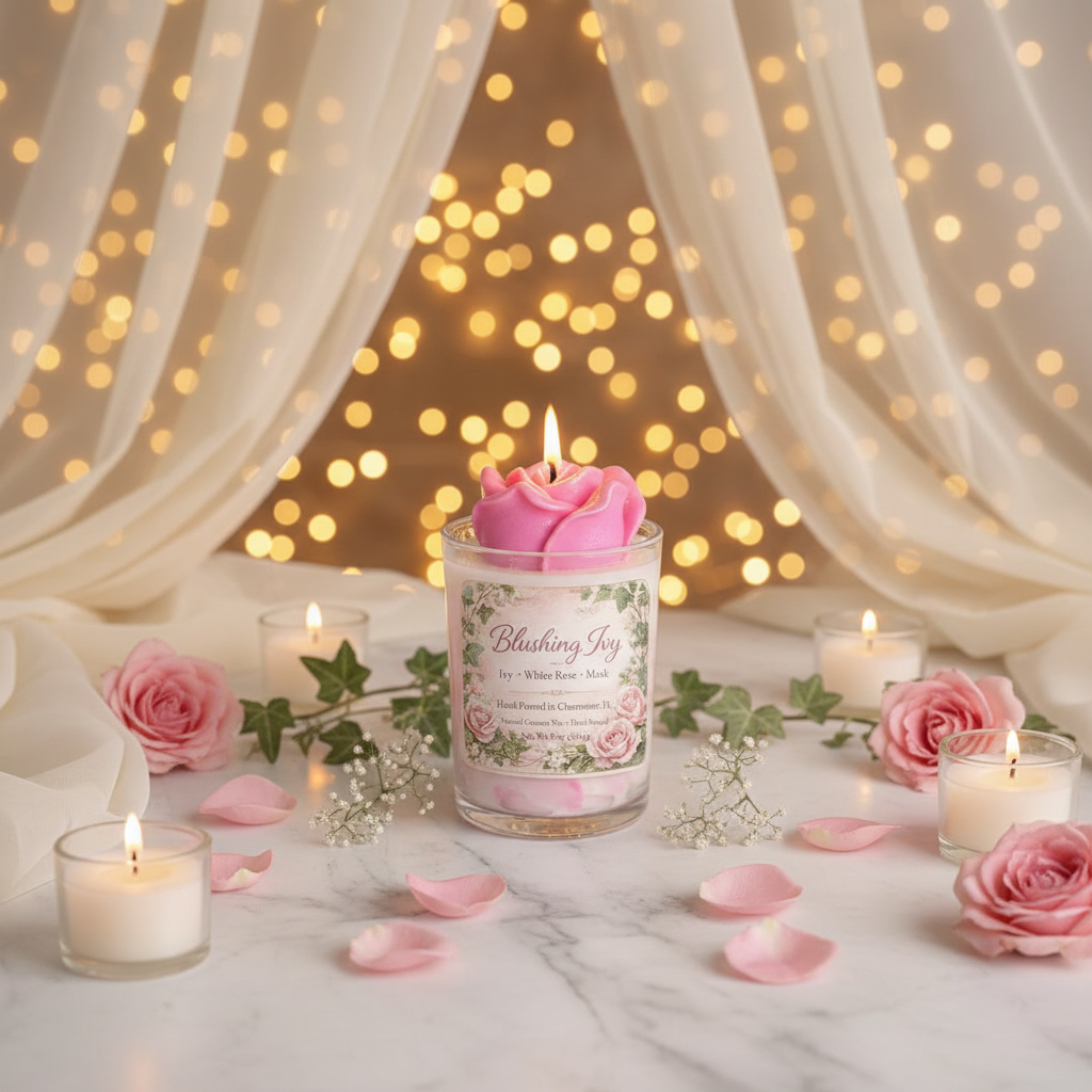 Lit Blushing Ivy candle with sculpted pink rose wax top in a glass jar, styled with lace, ivy greenery, and delicate pink roses